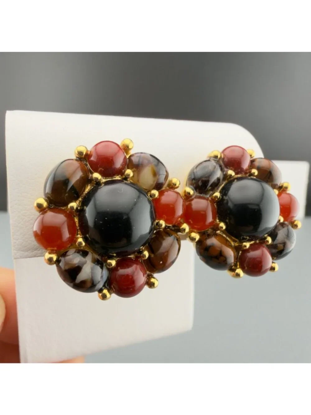Vintage Monet Clip On Earrings Gold Tone Black Cabochon Cluster Fall Autumn